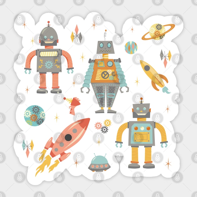 Vintage Inspired  Robots in Space Sticker by latheandquill